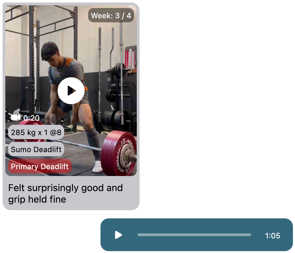 chat between athlete-coach, including a video and an audio message